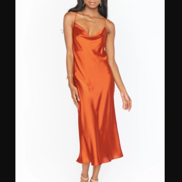 Show Me Your MuMu Dresses & Skirts - Show Me Your Mumu Verona Cowl Dress in Burnt Orange Luxe Satin sz M